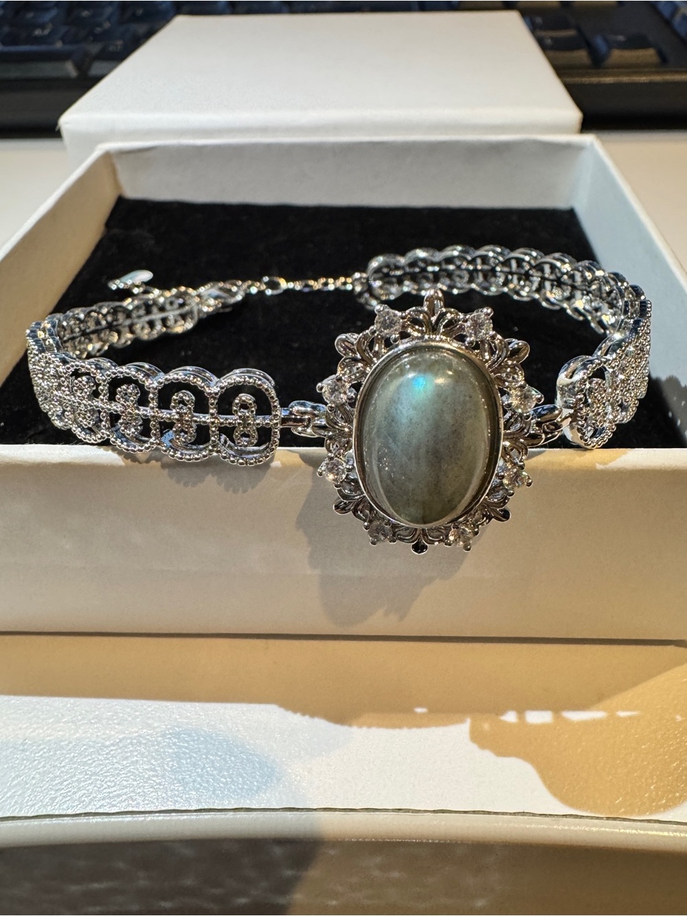 Labradorite Silvertone Statement Bracelet